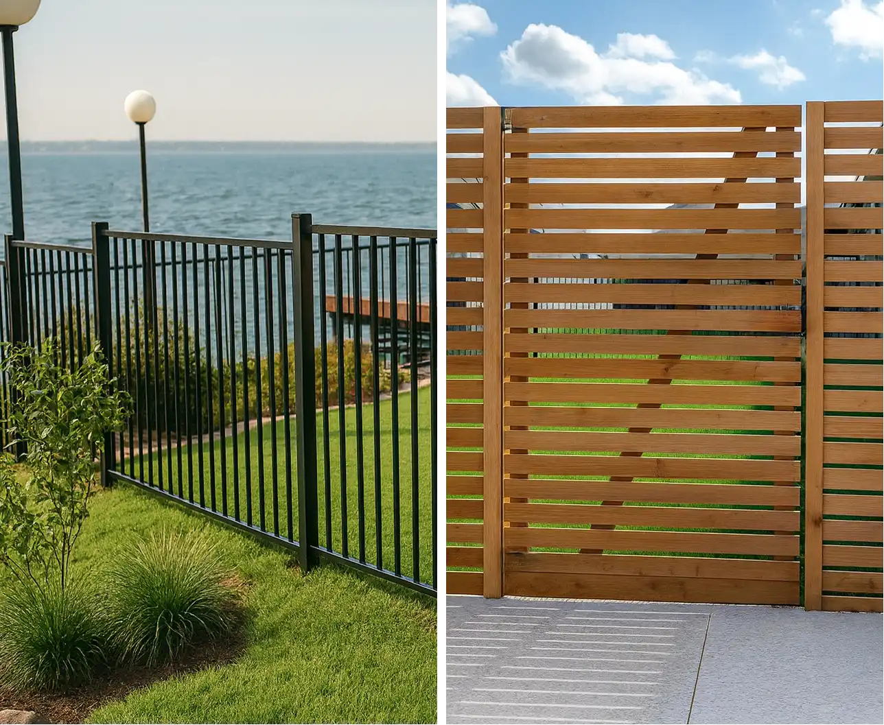 Split image of iron fence and wood fence.