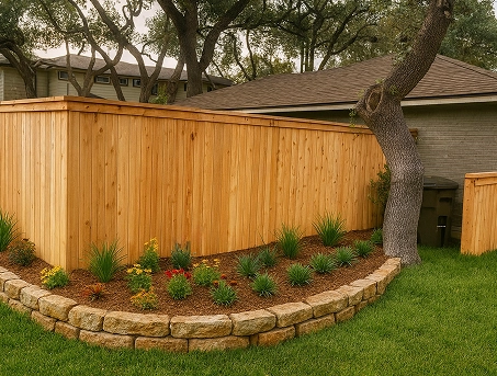 A tall cedar cap-and-trim privacy fence bordering a landscaped garden bed with a stone retaining wall.