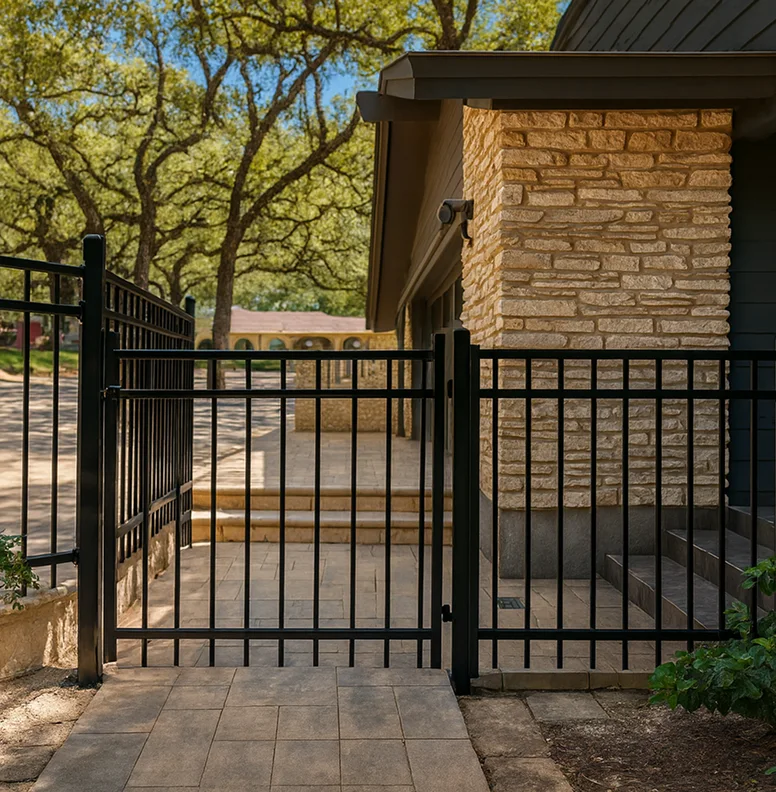 A black aluminum ornamental fence with a matching gate featuring three horizontal rails and vertical pickets.