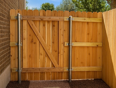 Gate install on wooden fence on side of home in Austin, Texas.