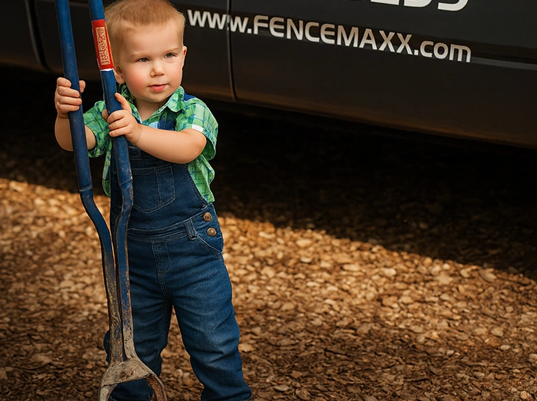 Young boy in overalls holds landscaping tools for fence installation.