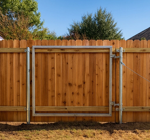 A horizontal cedar plank gate with a diagonal wood brace and black metal side posts integrated into a matching privacy fence.