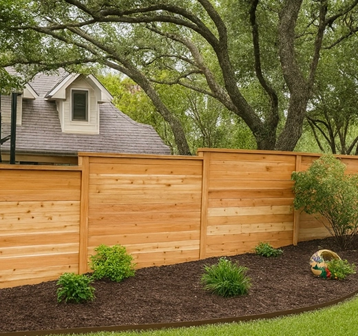 Light wood fence with top ledge next to mulch bed on street side of a backyard in Austin.