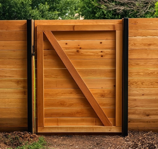 horizontal cedar plank privacy gate with a black latch and vertical wood trim installed between stone and wood pillars.